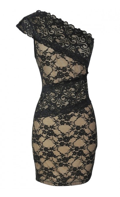 One Shoulder Black and Nude Banded Lace Dress